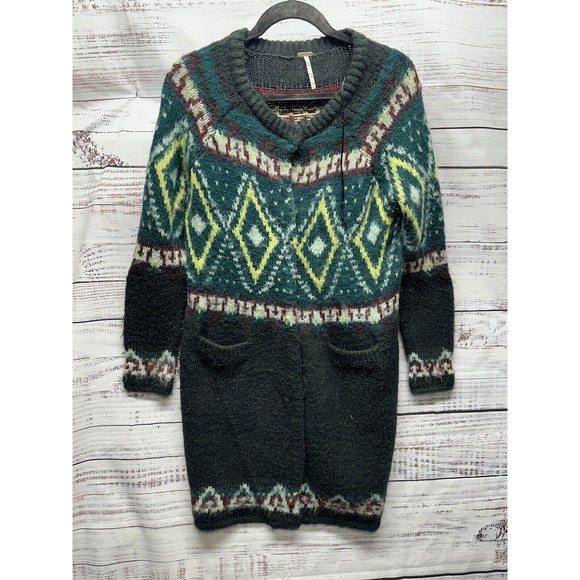 Free People long knit cardigan Snap Button Sz S Green Pattern Wool Blend Sweater - Picture 1 of 8